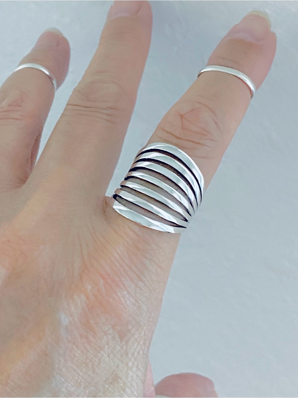 Sterling Silver Multiple Lines Band Ring, Statement Boho Silver Rings - Picture 7 of 11